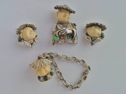 HAR vintage White Chinaman set pin, bracelet & earrings, 1960, American